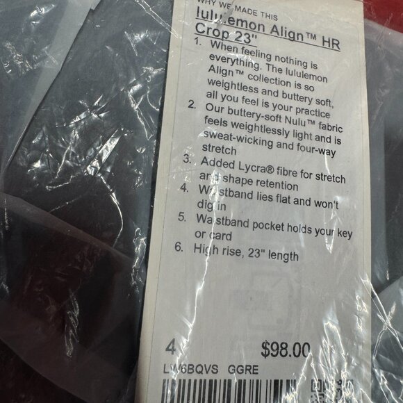 BNWT Lululemon Align High-Rise Crop 23" Graphite Grey, size 4 - Picture 4 of 5